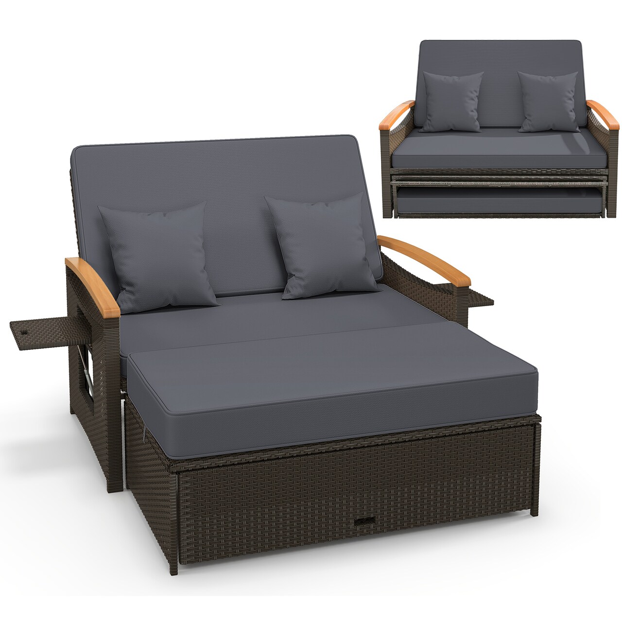 Convertible Patio Rattan Loveseat Daybed Set with Storage Ottoman